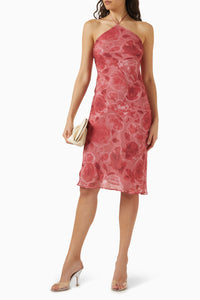 Romantic Floral Print Halter Midi Dress