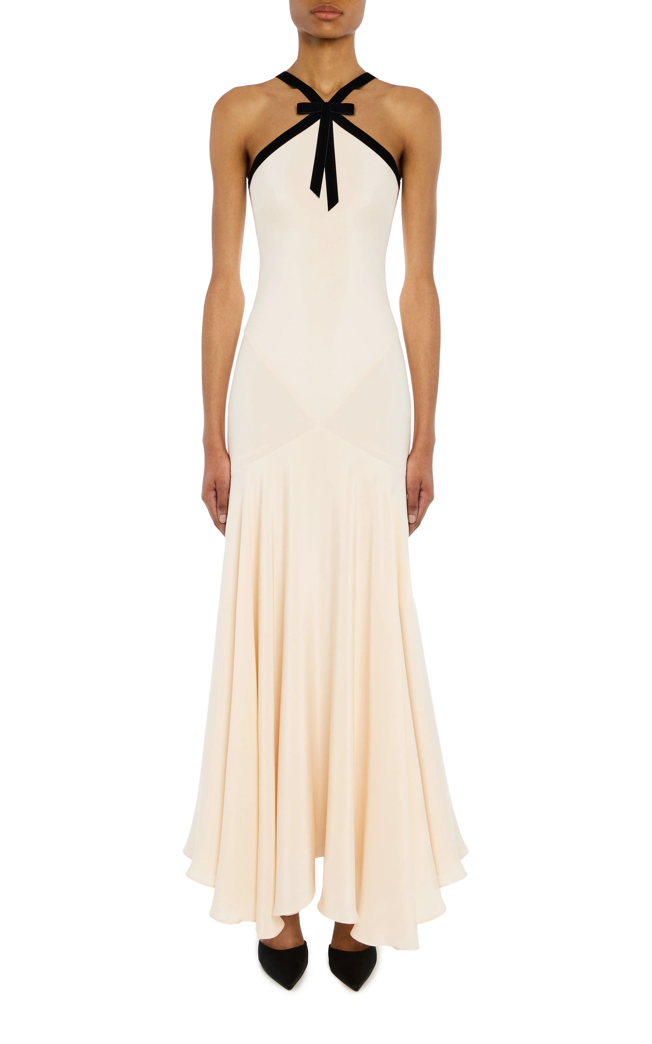 Elegant cream halter maxi dress with a chic black bow detail. Perfect for weddings, parties, vacations, and special occasions. 