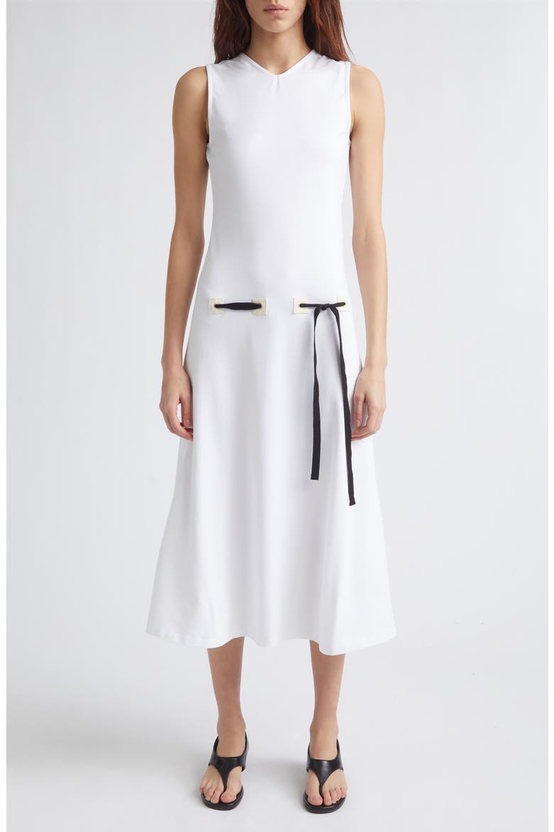 Elegant sleeveless midi dress featuring contrast ribbon details and a flowing silhouette. Perfect for vacations, brunches, and effortless chic styling.