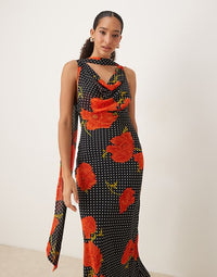 Poppy Print Polka Dot Cowl Neck Maxi Dress