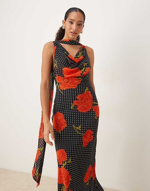 Poppy Print Polka Dot Cowl Neck Maxi Dress. Featuring an elegant cowl neckline and dramatic neck scarf detail.