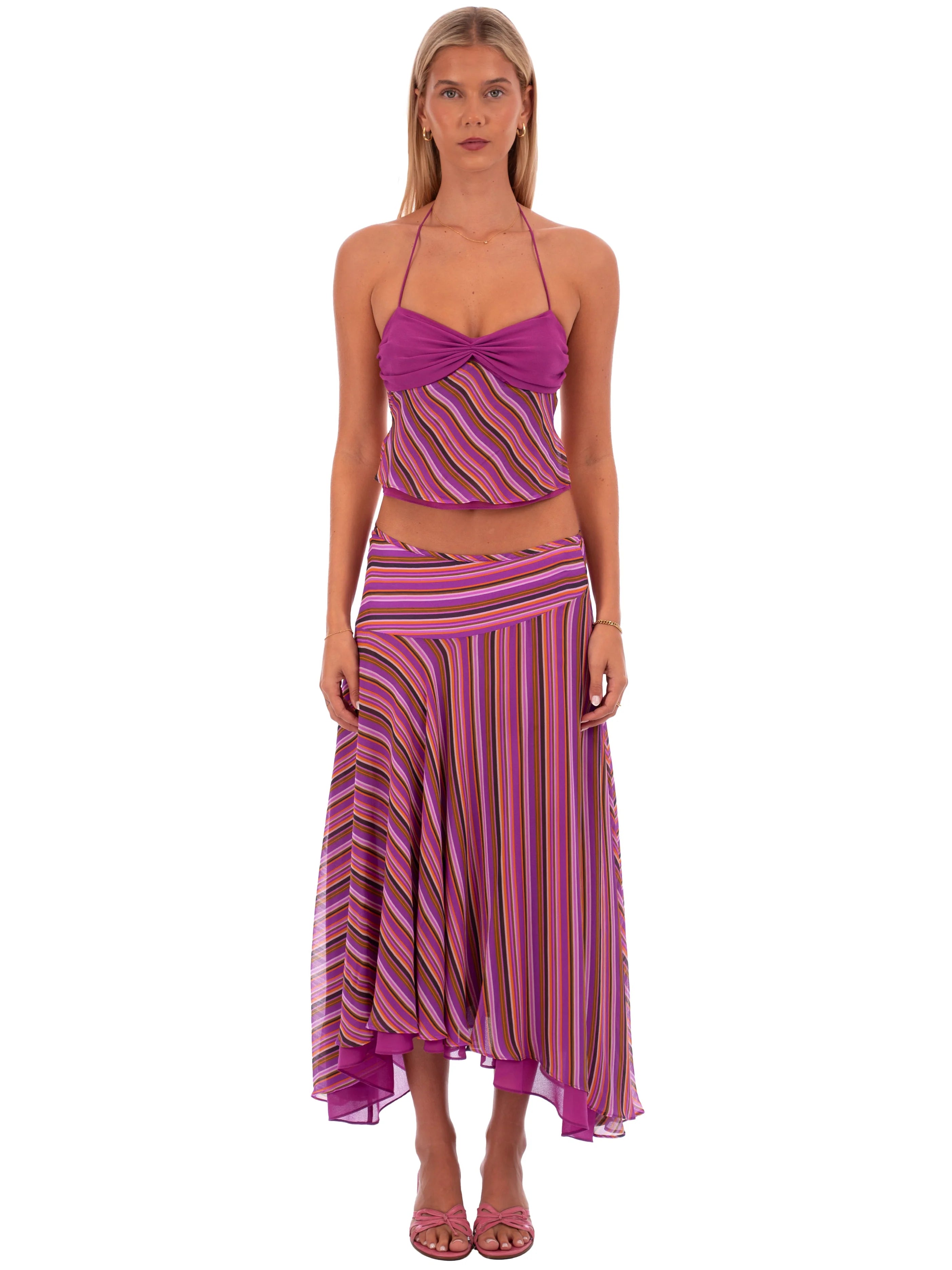 Striped Halter Set. Featuring a toned stripe motif and a fluid, asymmetrical silhouette perfect for summer evenings.