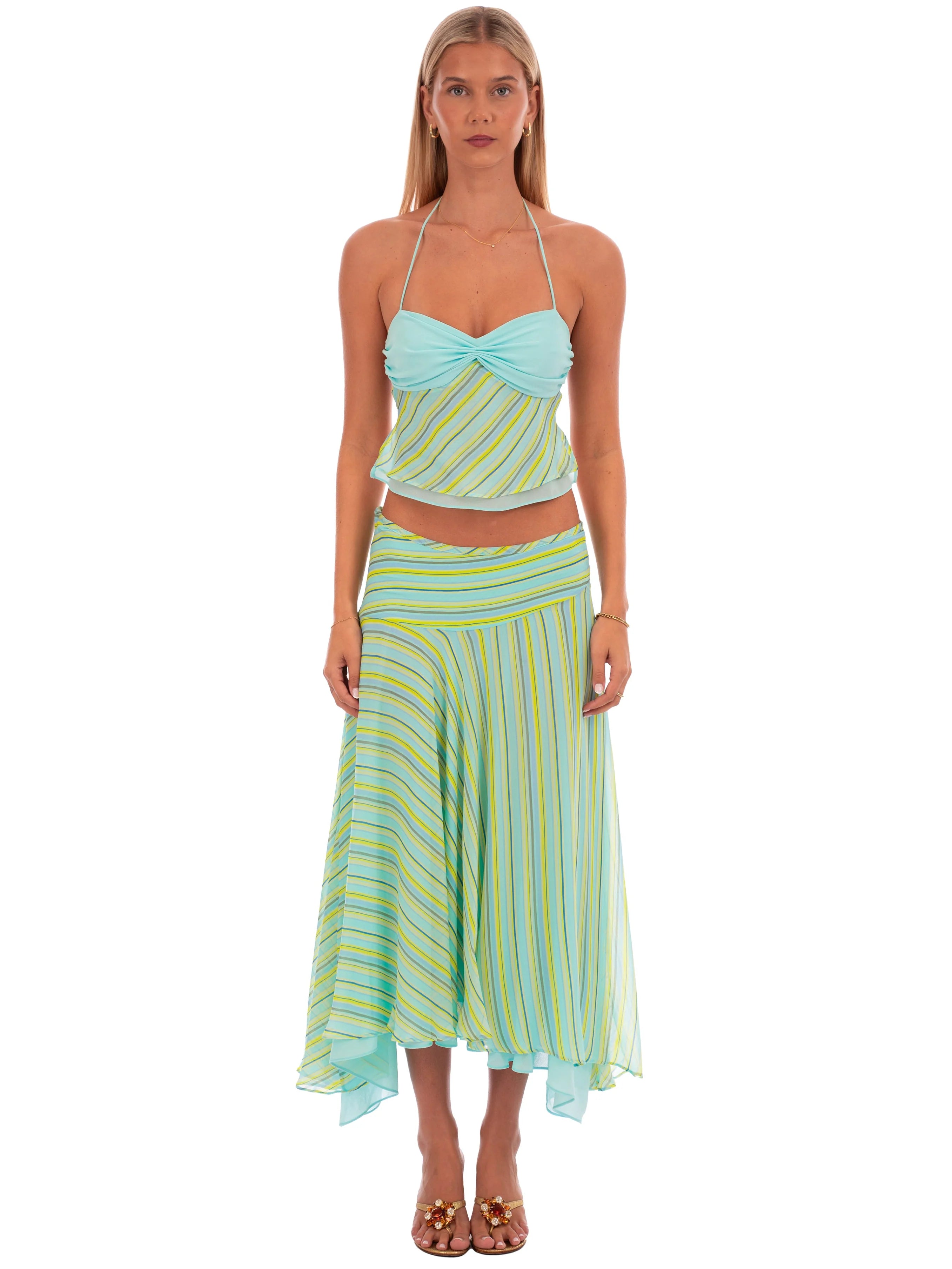 Striped Halter Set. Featuring a toned stripe motif and a fluid, asymmetrical silhouette perfect for summer evenings.