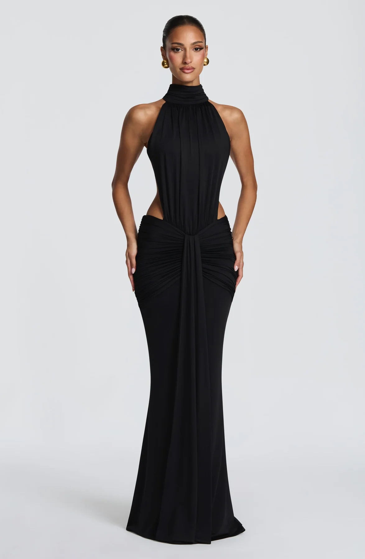 Cutout Mock-Neck Maxi Dress. Featuring architectural waist draping, side cutouts, and a sophisticated high-neck silhouette.Suitable for all party occasions.