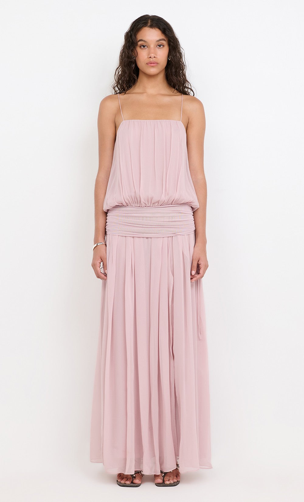 Mauve Blouson Maxi Dress. Featuring a delicate blouson bodice, soft draped waist, and floor-sweeping silhouette for ultimate grace.