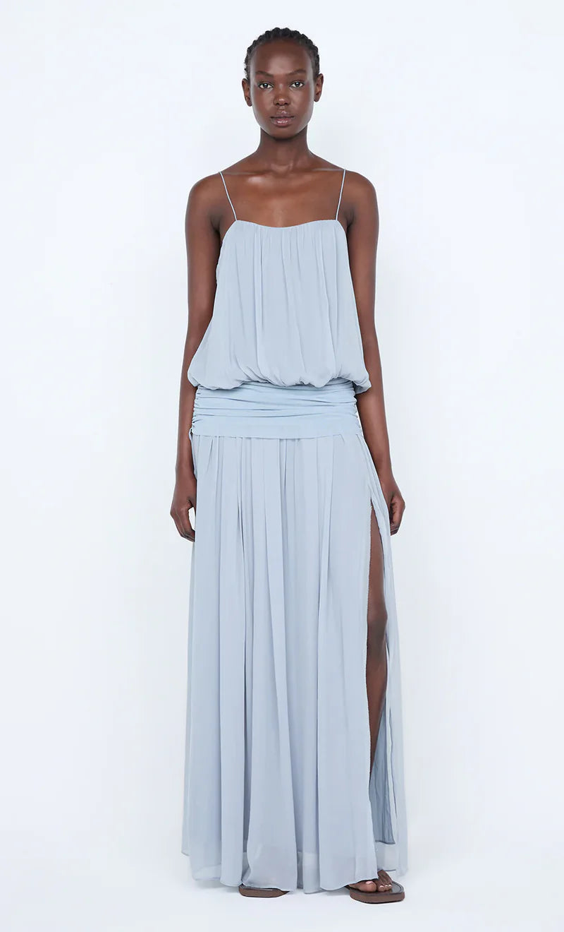 Mauve Blouson Maxi Dress. Featuring a delicate blouson bodice, soft draped waist, and floor-sweeping silhouette for ultimate grace.