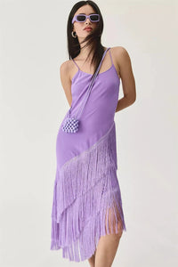 Lavender Tiered Fringe Asymmetrical Midi Dress