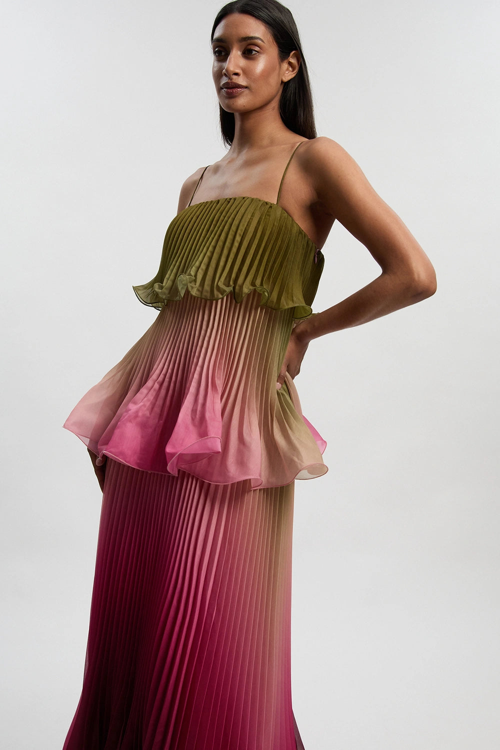 Ombré Pleated Tiered Maxi Dress. This romantic ombré color transition, and a tiered silhouette perfect for formal summer events.