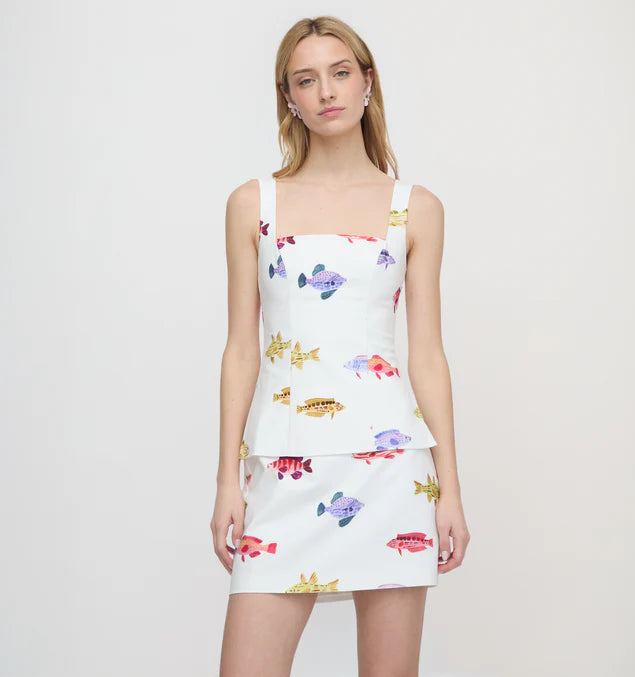 Rainbow Fish Print Set. A delightful, resort-ready two-piece ensemble featuring a structured top and matching mini skirt with vibrant aquatic motifs.