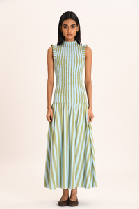 Blue & Green Ruffled Smock Maxi Dress