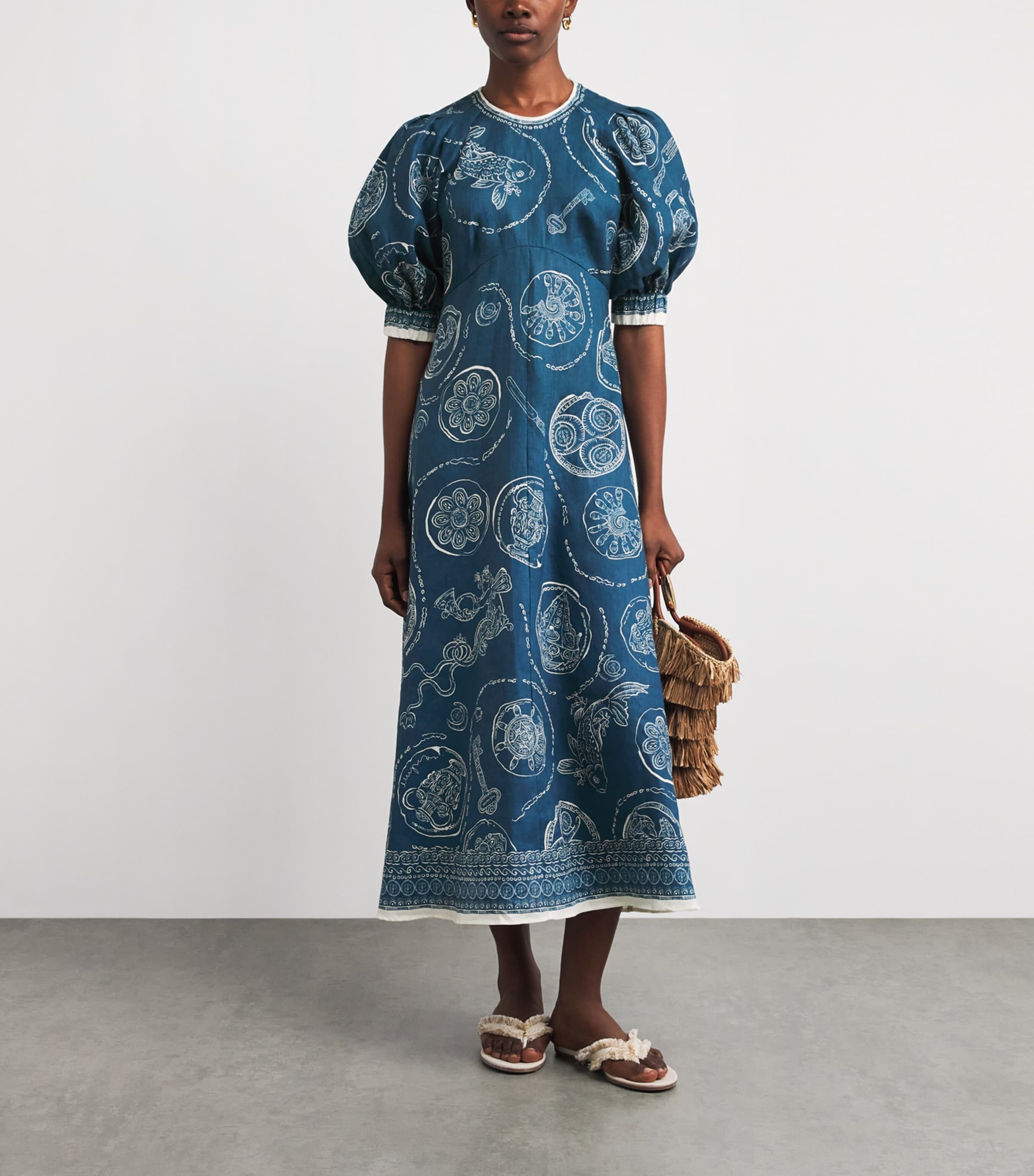 Artisanal Motif Puff-Sleeve Midi Dress. Featuring intricate narrative prints, voluminous puff sleeves, and a classic silhouette.