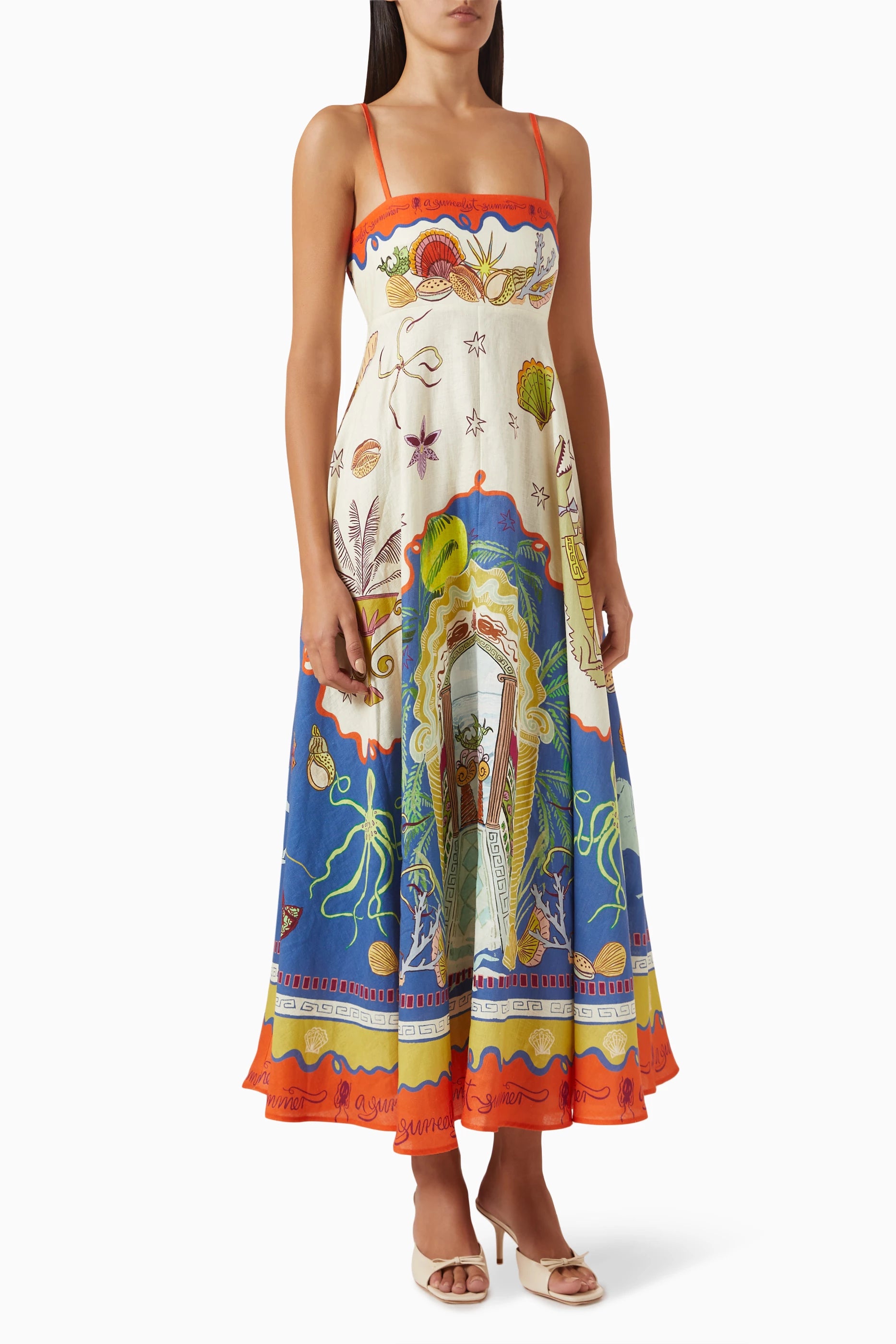 Ocean Narrative Print Maxi Dress. Featuring a vibrant coastal-inspired print,this piece is the ultimate choice for your summer holiday adventures.