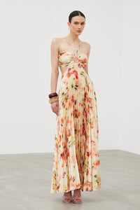 Floral Pleated Halter Cut-Out Maxi Dress