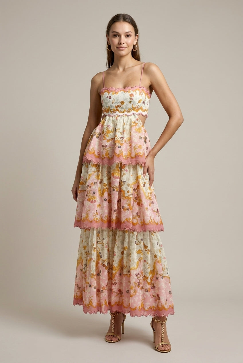 Tiered Floral Print Maxi Dress. Delicate scalloped neckline, and a vintage-inspired floral print, this dress is the epitome of effortless resort-chic style.
