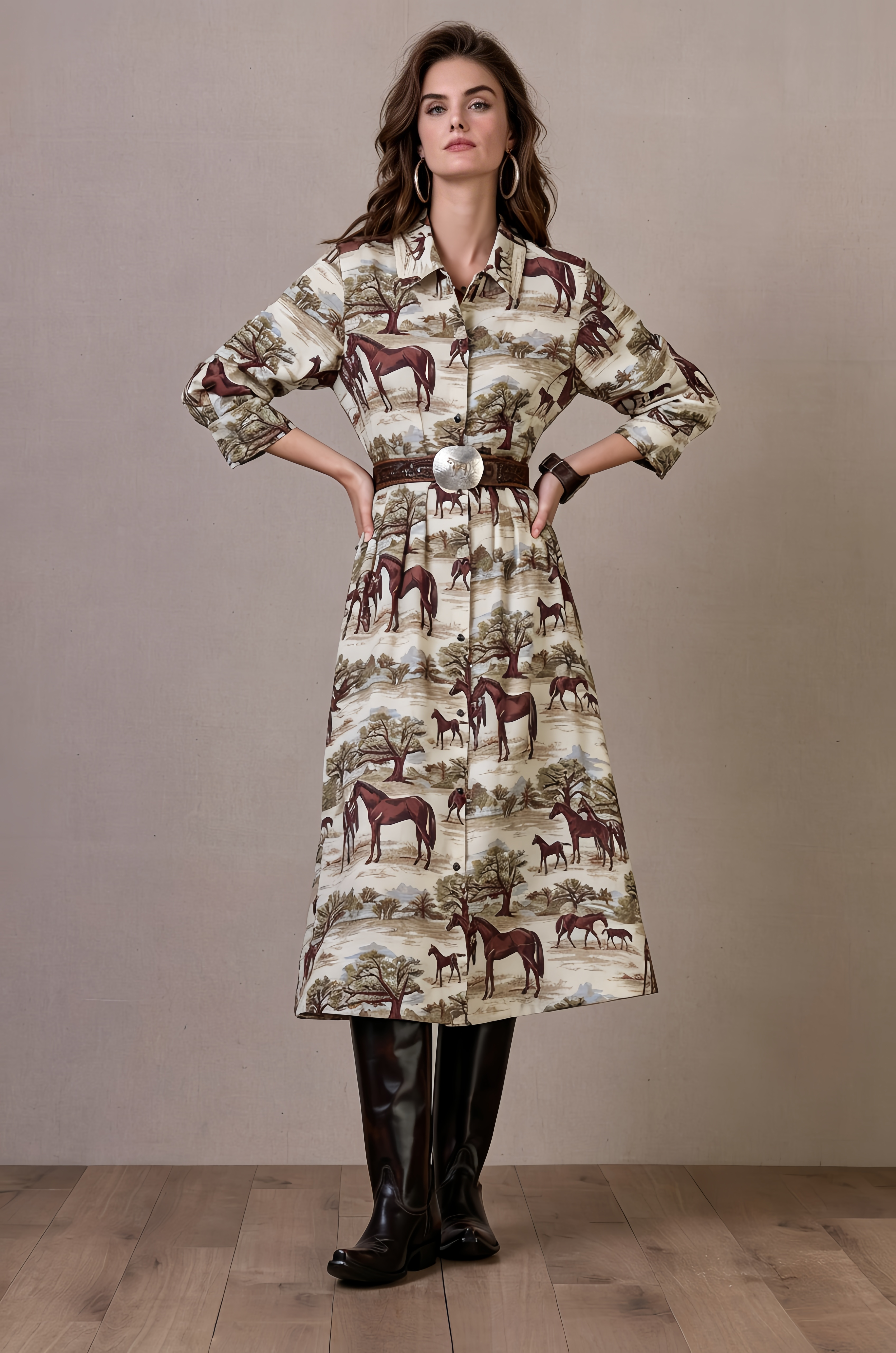 Equestrian Print Shirt Dress. Nostalgic horse-motif print, this dress perfectly blends Western flair with timeless resort elegance.
