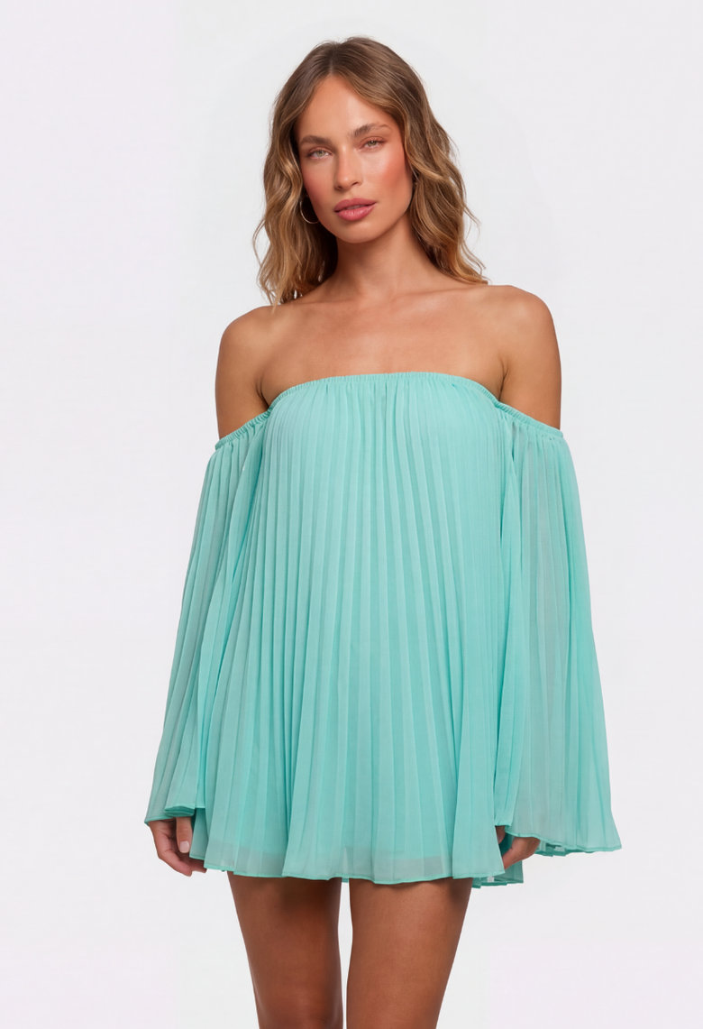 Pleated Off-the-Shoulder Mini Dress. Featuring a delicate pleated texture, an a breezy silhouette perfect for sun-drenched summer days.