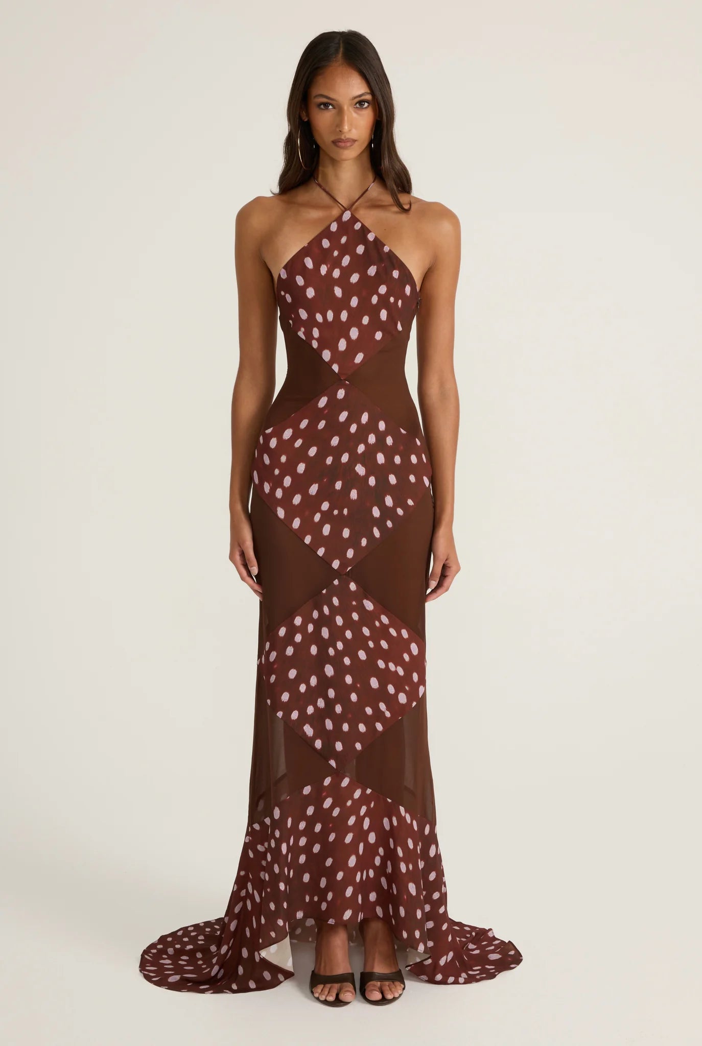 Geometric Print  Dress. Featuring a sophisticated diamond-paneled design with a unique dotted print, this ultimate statement piece for refined summer soirées.