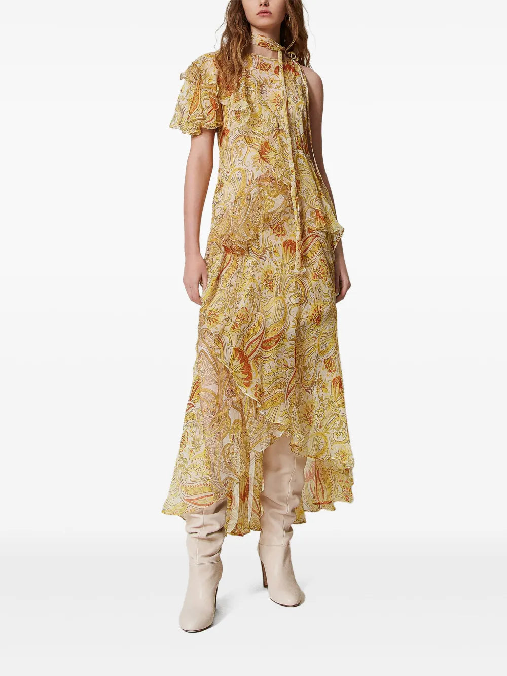Bohemian Ruffle-Trim Maxi Dress.Romantic ruffle detailing, and a breezy asymmetric silhouette,is the perfect choice for elevated summer elegance.