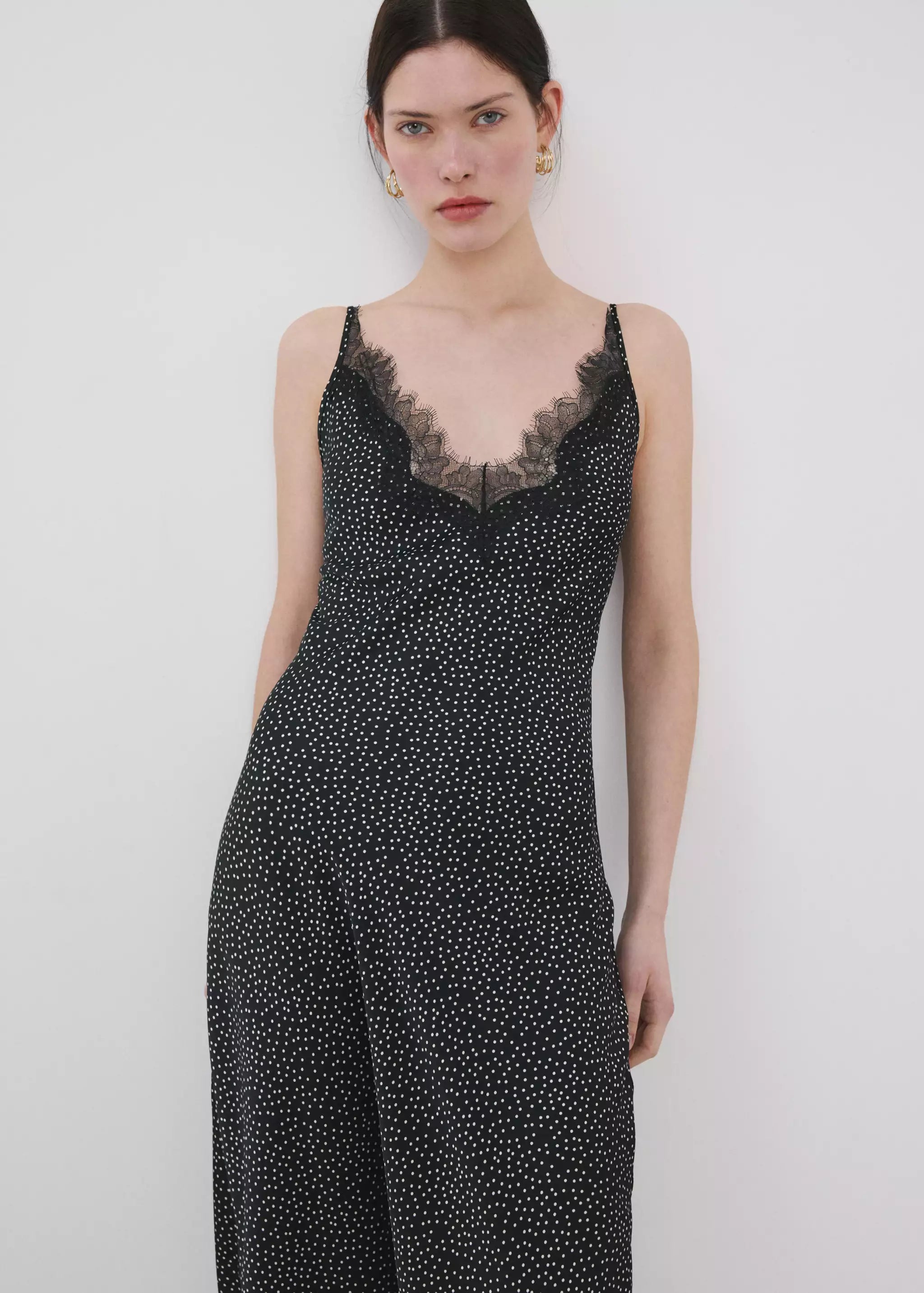 Polka Dot Lace-Trim Dress. Flattering slip silhouette, and timeless polka dot print, this dress is the epitome of effortless, refined summer style.