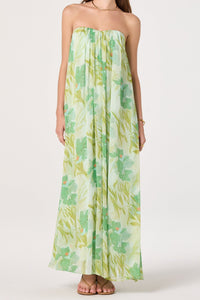 Botanical Green Floral Strapless Maxi Dress