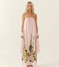 Soft Pink Botanical Print Strapless Maxi Dress
