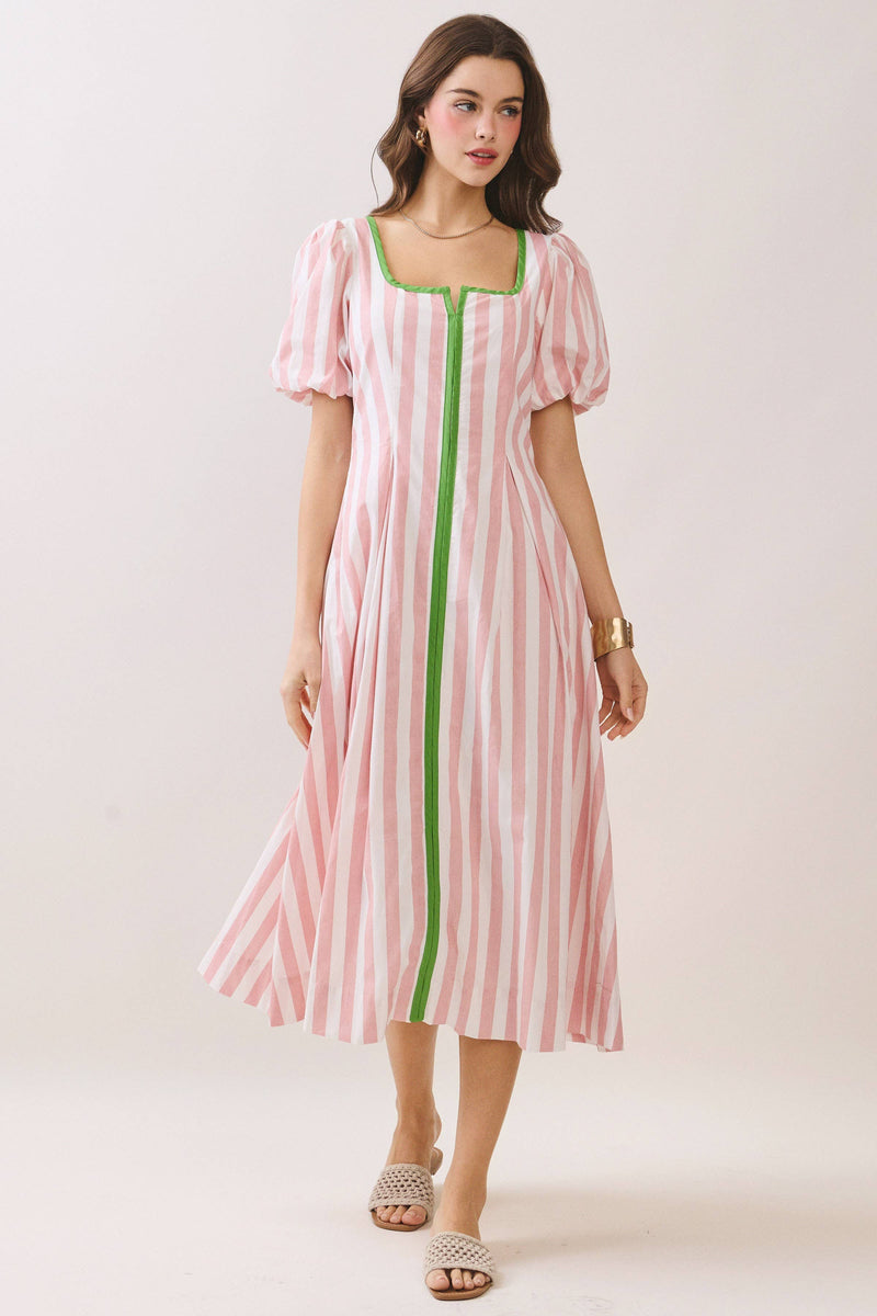 Striped Midi Dress. Featuring playful puff sleeves, a vibrant green contrast trim, this vintage-inspired piece is the perfect choice for elevated summer style.