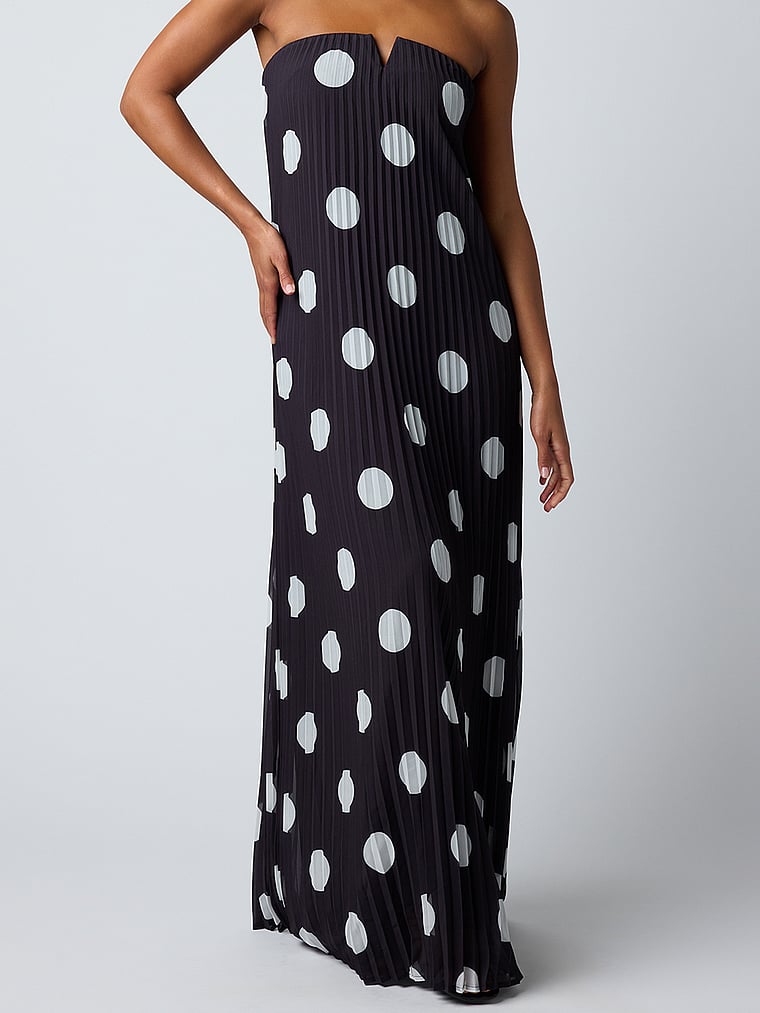 Classic Polka-Dot Pleated Maxi Dress
