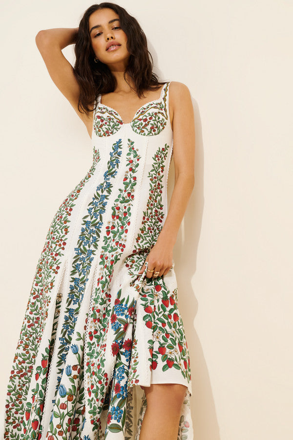 Vine Dress. Berry-and-vine print, a flattering structured bustier bodice,this piece is the ultimate choice for elevated summer elegance.