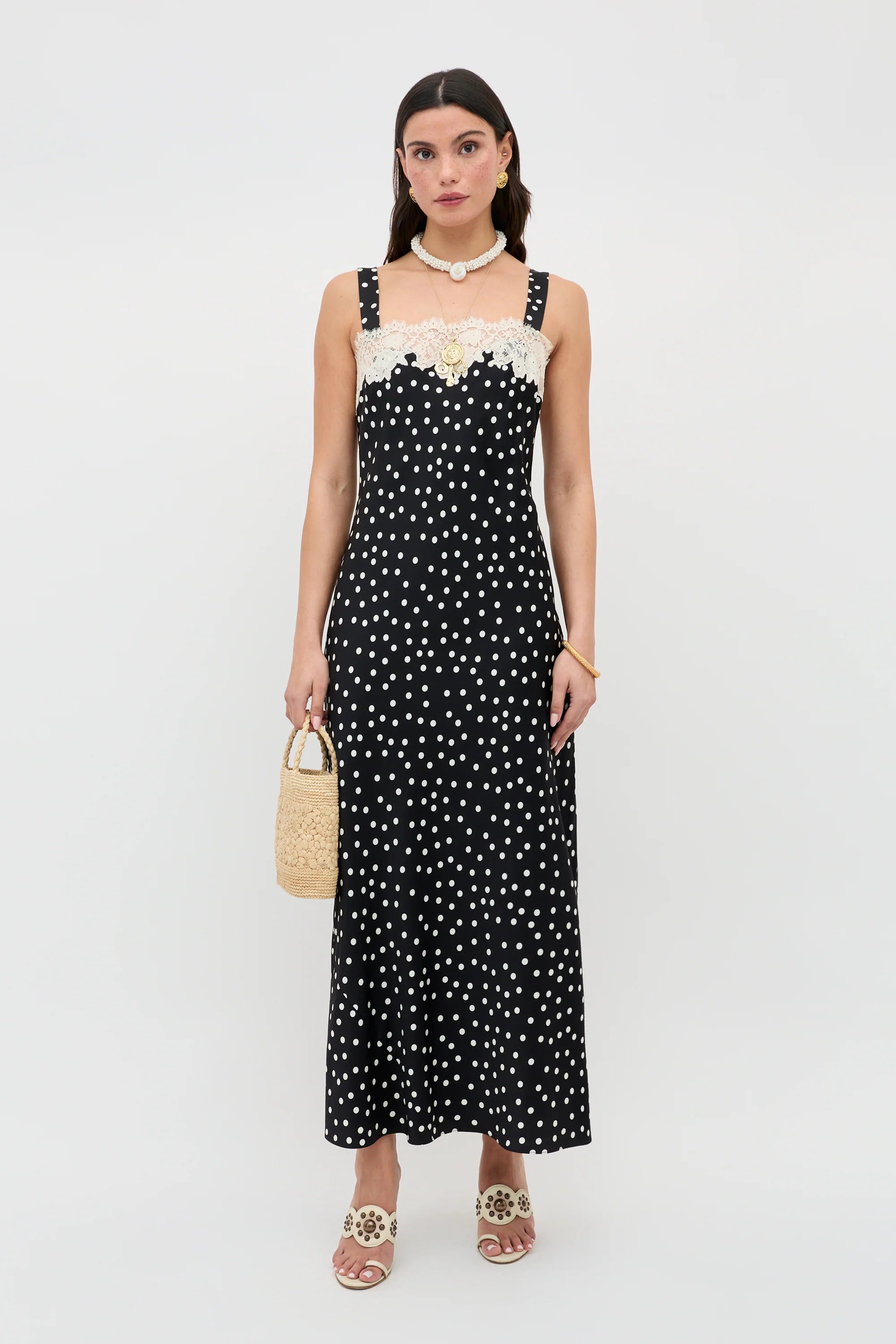 Polka-Dot Lace Dress. Featuring a sophisticated lace-trim neckline, iconic monochrome polka-dot print, this piece is the ultimate choice for effortless.