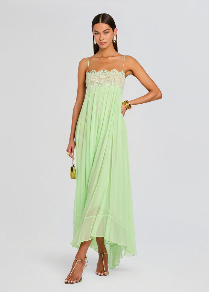 Lace-Trim Maxi Dress. Featuring intricate floral lace, a flowing chiffon silhouette, and romantic charm—perfect for luxury summer soirées.