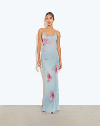 Serene Azure Hazy-Floral Resort Maxi Dress