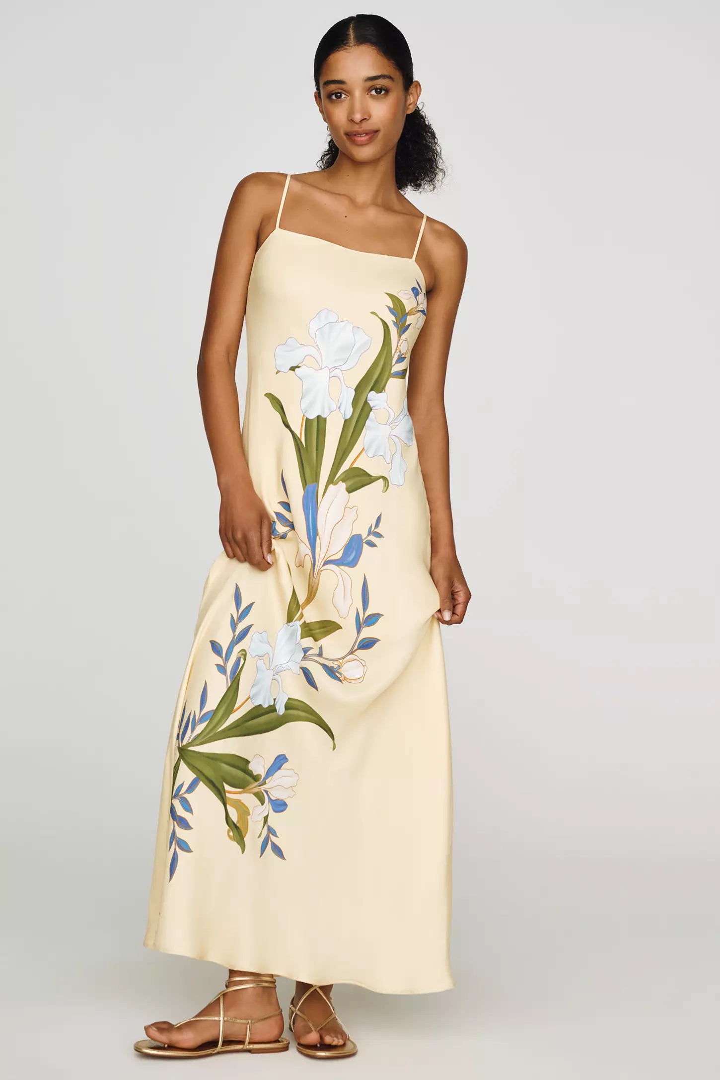Artistic Floral Dress. Delicate iris motifs, and a fluid silhouette, this slip dress is the ultimate choice for elevated garden soirées.