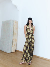 Boho-Luxe Olive Geometric Halter Maxi Dress