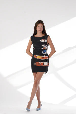 Featuring a crisp, tailored shift silhouette and a playful, artisan boat-illustration motif, this dress is your perfect go-to for coastal brunches.