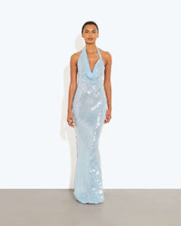 Azure Shimmer Halter Sequin Maxi Dress