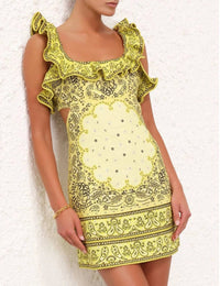 Boho-Chic Yellow Paisley Mini Dress