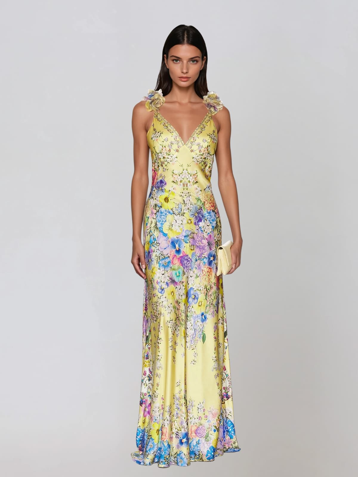 Flattering V-neckline, and stunning 3D flower-adorned straps, this maxi is the ultimate statement piece for elevated garden parties.