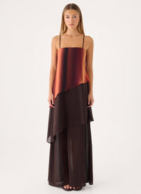 Ethereal Sunset-Tone Asymmetric Maxi Dress