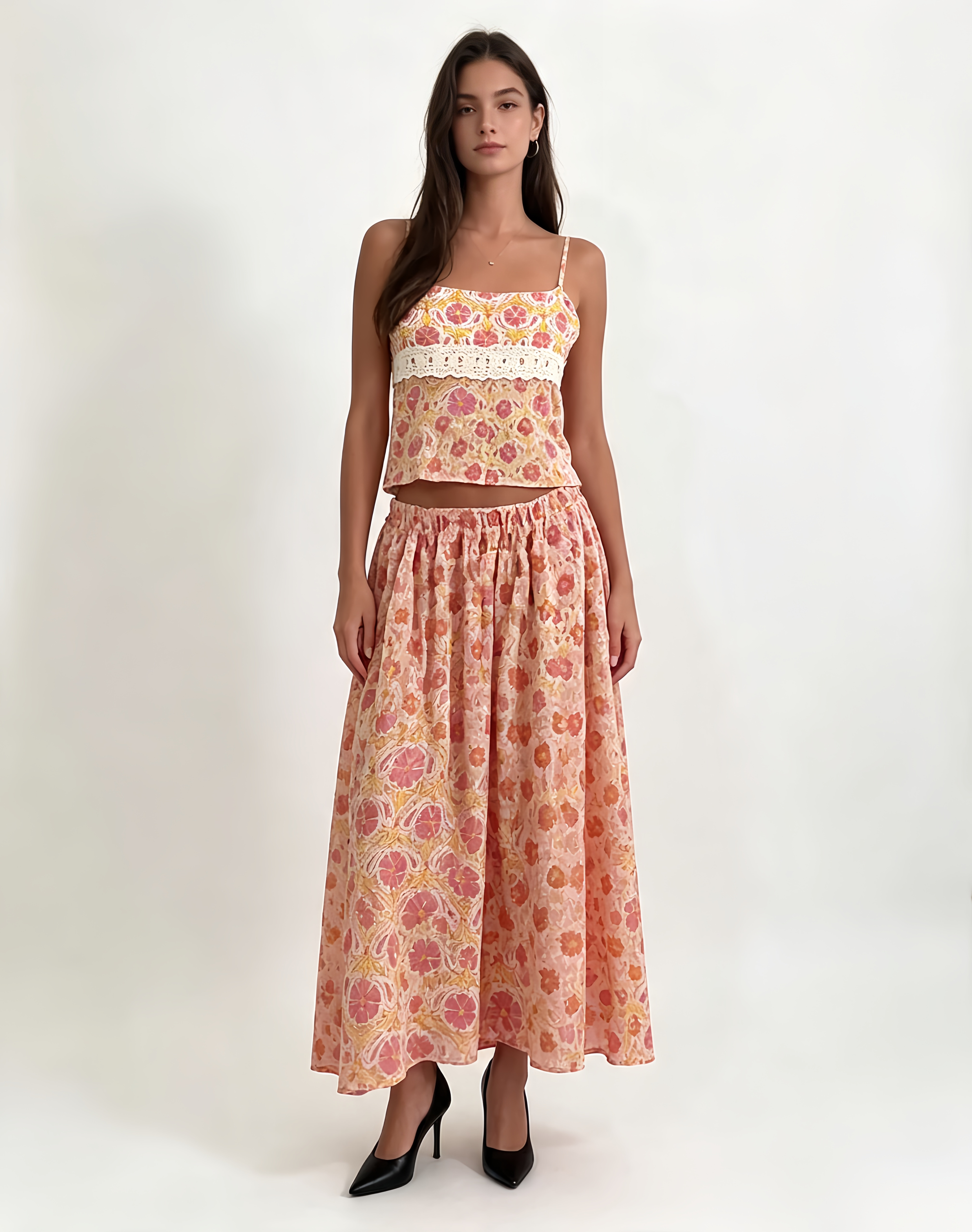 Delicate lace detailing on the spaghetti top, gathered maxi skirt, this matching set is the ultimate statement piece for sun-drenched coastal getaways.
