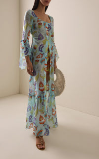 Azure Botanical Bell-Sleeve Maxi Dress