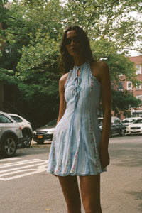 Pastoral Blue & Pink Floral Halter Min Dress