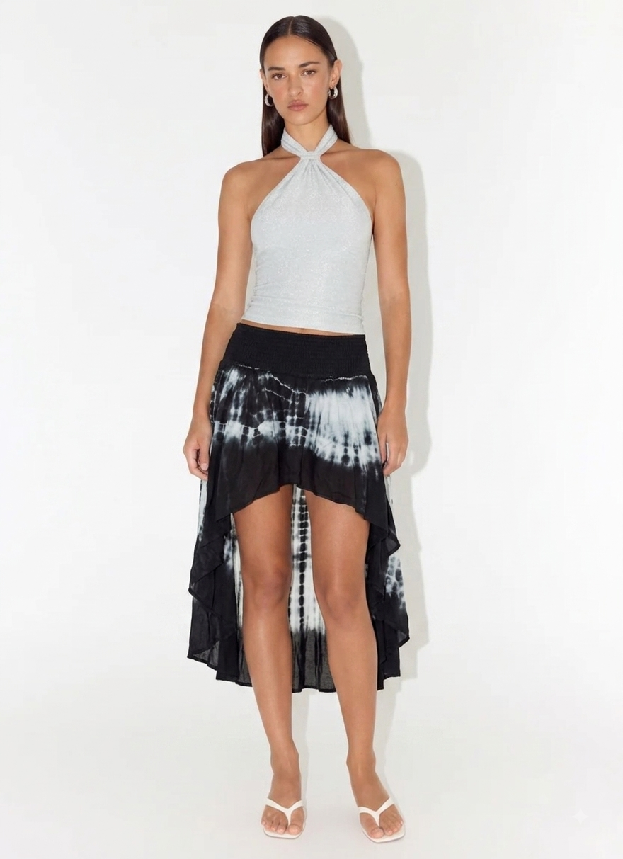Featuring an edgy black and white tie-dye print,a dramatic hi-low hem, this versatile convertible piece,for your ultimate resort getaway.