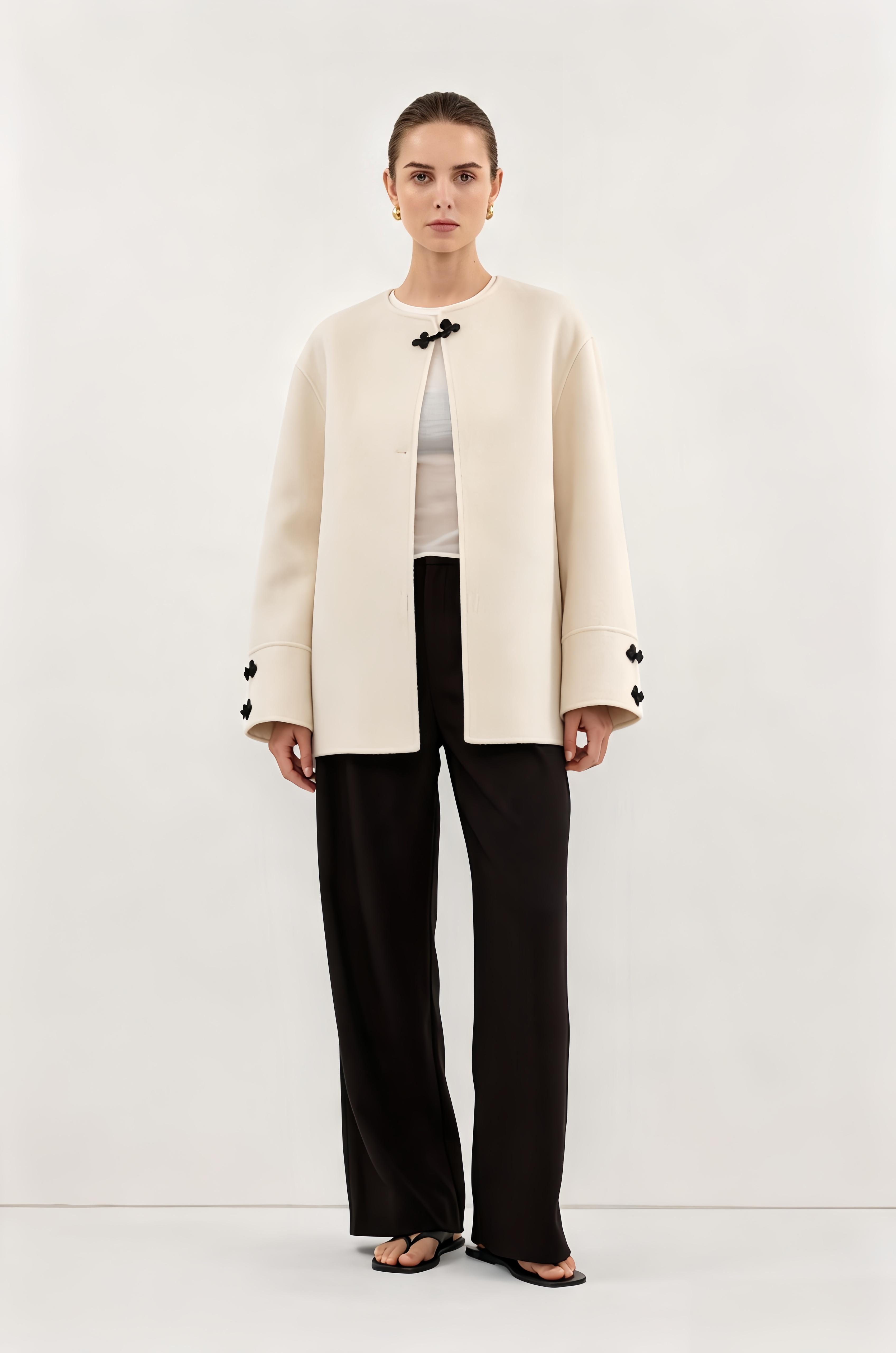 Featuring contrasting black Chinese-style knot closures at the neckline and cuffs,this is the ultimate statement piece for refined urban getaways.