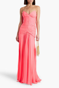 Coral Ruched Spaghetti-Strap Maxi Dress