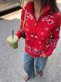 Paisley Knit Zip-Up Cardigan