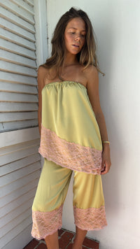 Ethereal Olive Satin Contrast-Lace Resort Set