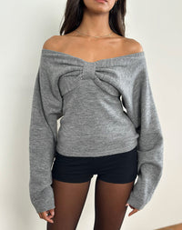 Grey Off-the-Shoulder Bow-Front Knit Top