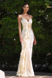 Sophisticated Floral-Accent Satin Evening Maxi Dress