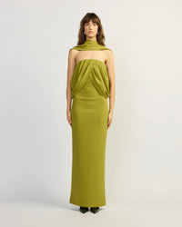 Ethereal Moss Green Scarf-Detail Maxi Dress