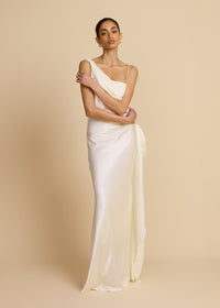 Ivory Draped Asymmetric Satin Maxi Dress